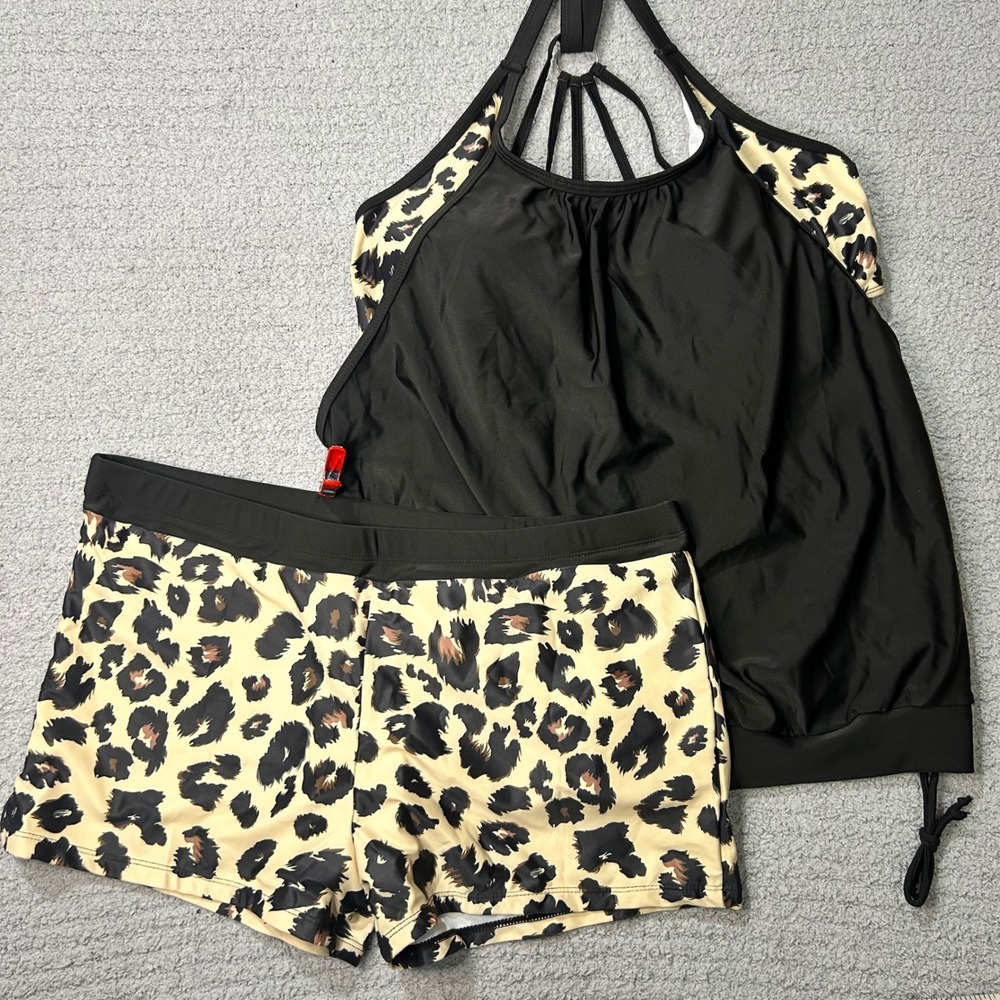 Leopard Print Tankini + Shorts Swimsuit 2XL Black Strappy 2 Piece Bikini Set